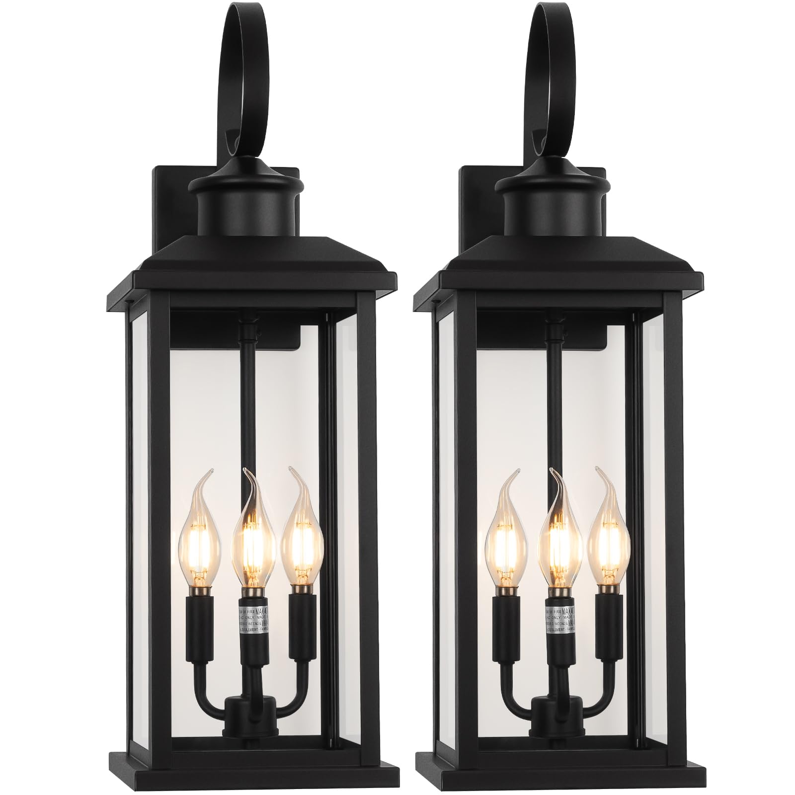 24 Extra Large Outdoor Wall Light Fixture 2-Pack Black 3-Light Modern Porch Lantern Waterproof Exterior Lighting Sconce Wall