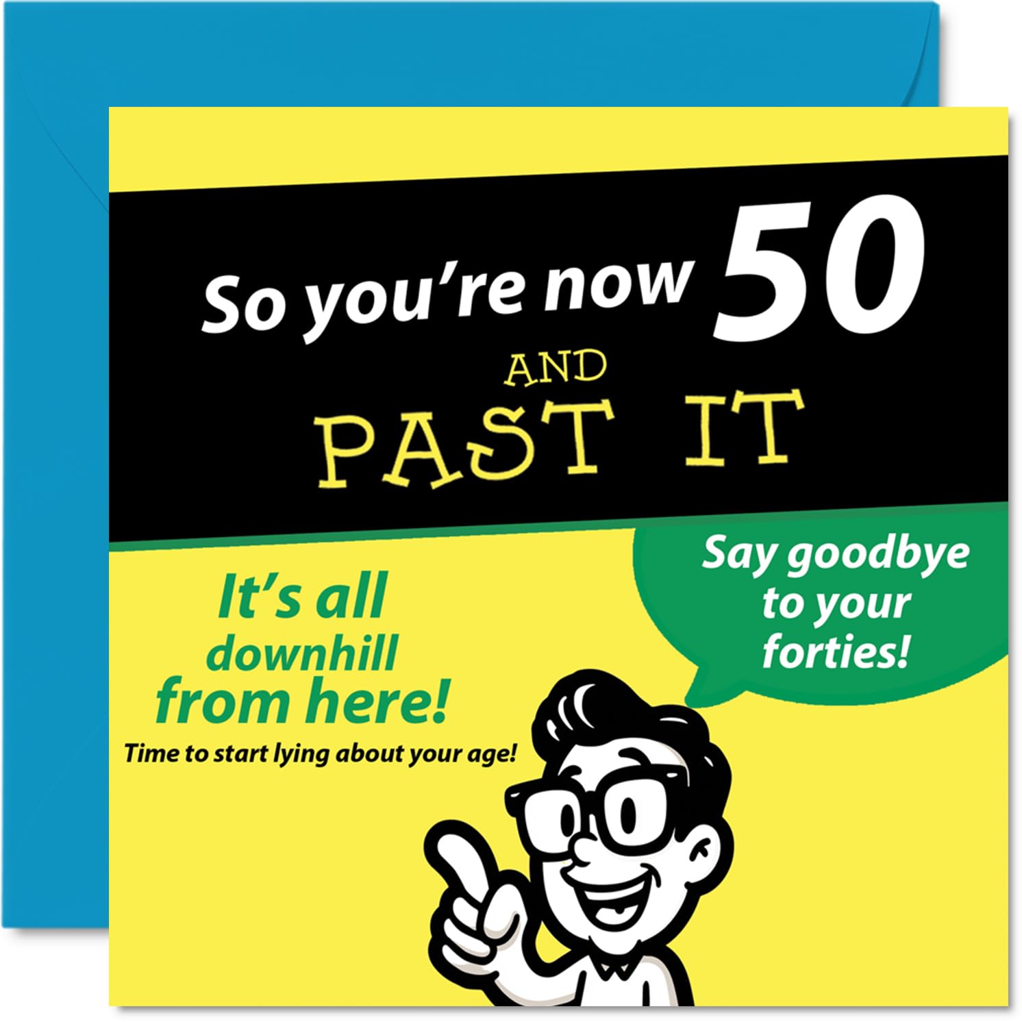 Cheeky 50th Birthday Card - Turning 50 with a Wicked Sense of Humour - Bold Yellow Cartoon and Playful Milestone Jibes - 145mm Square, Envelope Included