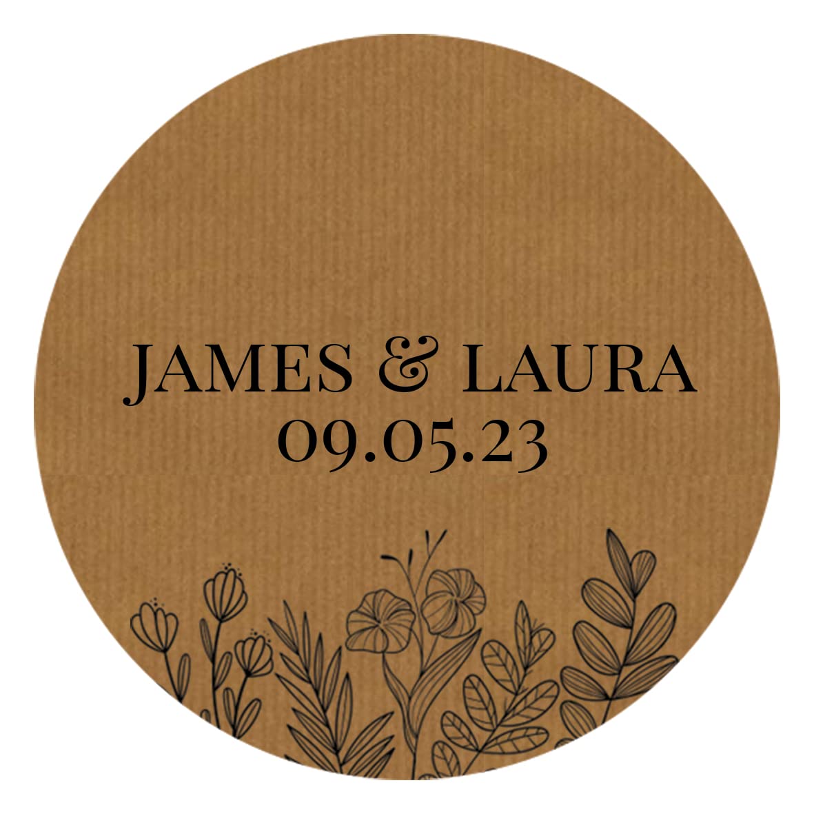 Personalised Floral Wedding/Engagement Party/Baby Shower Stickers (45mm (24 per Sheet), Names & Date, Brown)