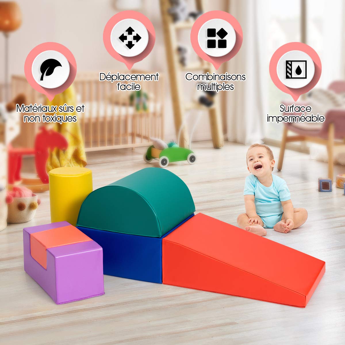 GOPLUS 6 Pcs Parcours Motricité Bébé, Module Motricité Bébé en Mousse, Jouets Éducatifs avec Housse en PU et Remplissage en EPE, Enfants d'Âge Préscolaire