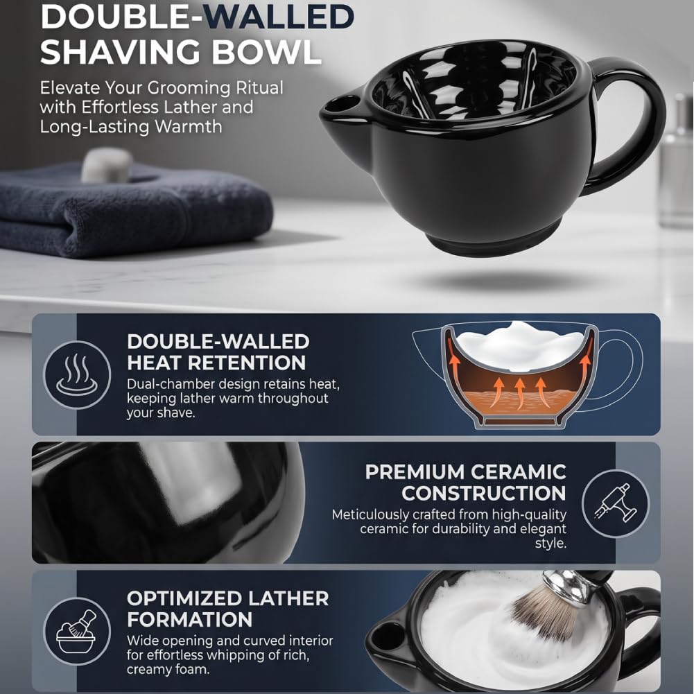 GOWENIC Bol de savon à raser pour homme, tasse à mousse pour le rasage humide, bol de crème à raser double couche pour ailettes droites ou de barbier, toilettage pour homme