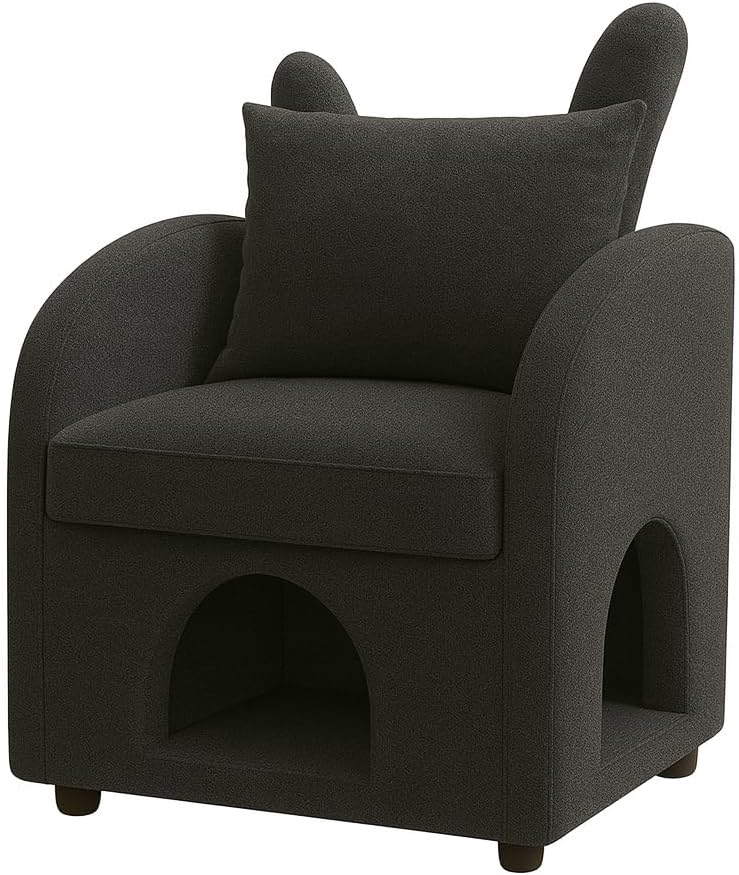 Dark Gray Bunny-Ear Pet Armchair, Dual-Use Sofa Chair with Scratch-Resistant Fabric, Triple-Entry Cat & Dog Hideaway, Cozy Pet Furniture for Living Room, 27.4 x 25.2 x 37.4 inch