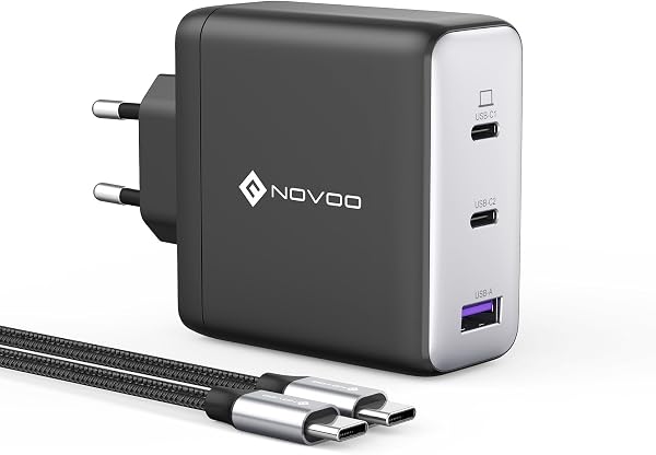 NOVOO Caricabatterie USB C da 120W con 1M cavi PD 100W Type-C, Caricatore compatto PPS GaN III a 3 porte, per MacBook Pro 14'', Dell XPS 13, iPad Pro, iPhone 16, Galaxy S23, Note 20, Apple Watch