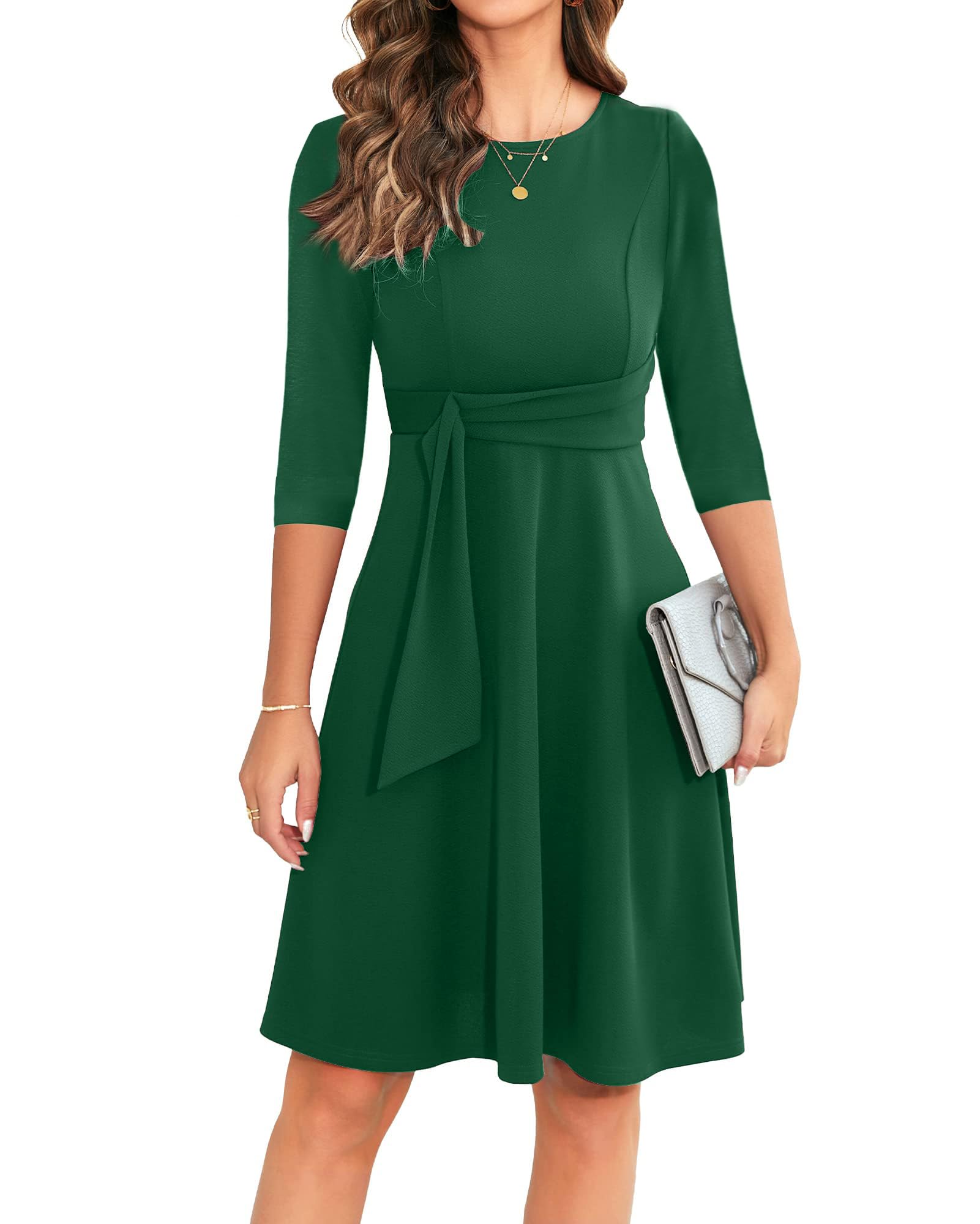 green emerald velvet dress Allegra K Work Dress for Women's Elegant Square Neck 3/4 Sleeve Belted  Pleated a Line Church Midi Dress Dark Green XS at Amazon Women's Clothing  store main image 0