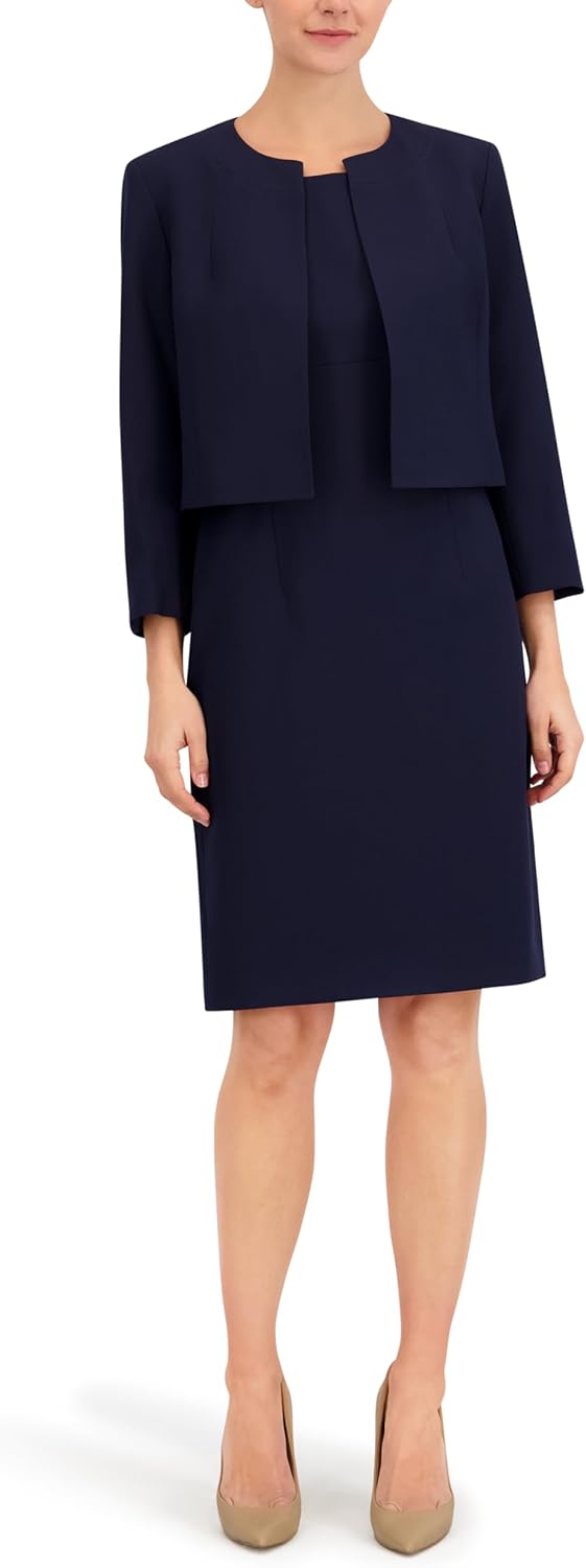 Le Suit Women's Plus Size Open Jacket with Slit Sleeves & Empire Waist Seamed Dress, 2pc Set, Midnight Navy