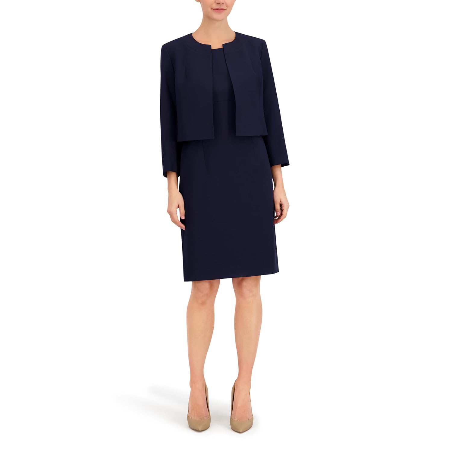 Le Suit Womens Open Jacket with Slit Sleeves Empire Waist Seamed Dress 2pc Set Midnight Navy