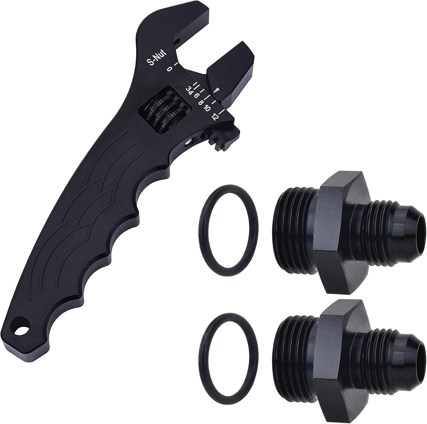 EVIL ENERGY 6AN Flare to 8AN ORB Male Fuel Rail Adapter 2PCS Bundle with Adjustable 3AN-12AN Wrench Aluminum Black