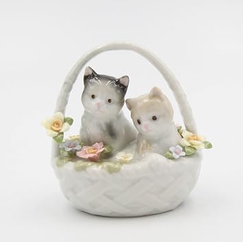 Cosmos Gifts 10189 Fine Porcelain Cats Kittens in Basket with Roses Flowers Figurine, 3-3/4" H