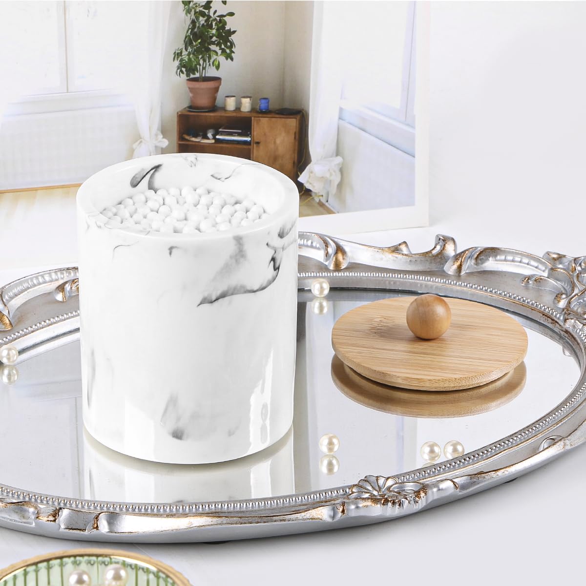 Qtips Badezimmer-Gläser mit Deckel, Wattestäbchen-Halter, Harz-Apotheker-Spender, Marmor, Make-up-Schwämme, Badesalz-Aufbewahrungsbox, Marmorweiß mit Bambusdeckel, 2 Stück