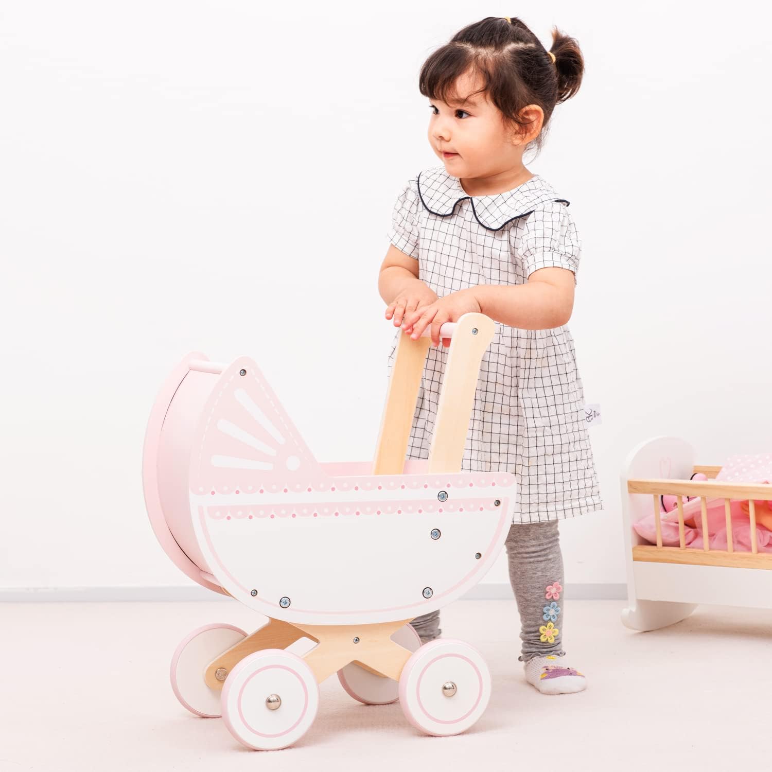 New Classic Toys 10761 Wooden Doll Pram Including Bedding-Pink