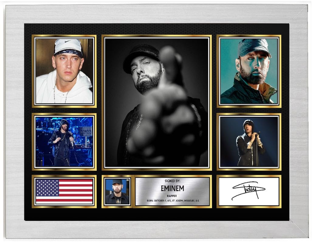 Eminem Signed Autograph Photograph Display - Perfect for Hip Hop Fans, A2 Poster + White Frame - Limited Edition Autograph Fan Gift – Collectible Memorabilia Merchandise — image 1