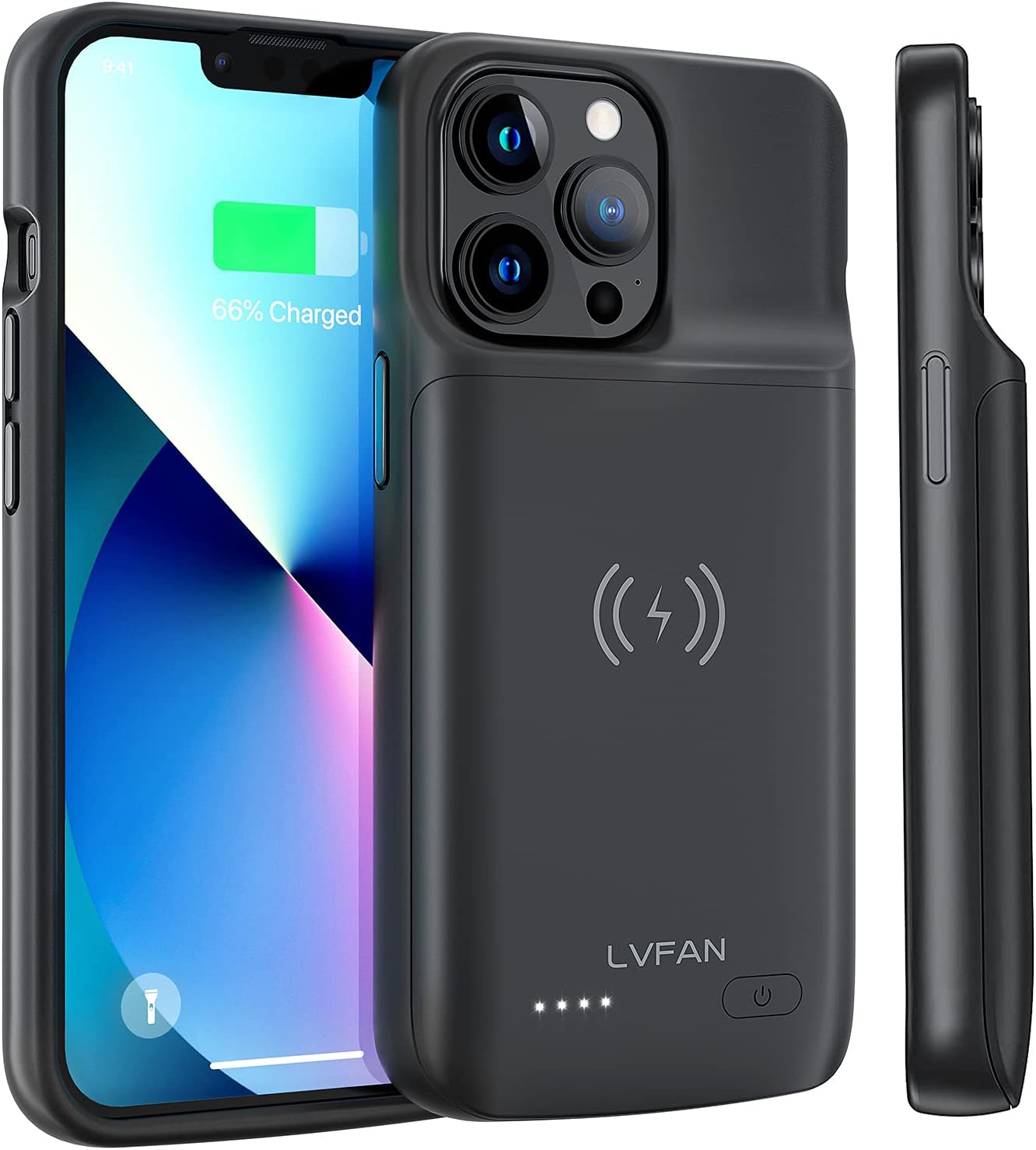 Battery Case for iPhone 13 Pro, LVFAN 4800mAh Wireless Charging Ultra Slim Portable Protective Charging Cover Rechargeable Extended Battery Pack Charger Case for Apple iPhone 13/13 pro -6.1inch Black