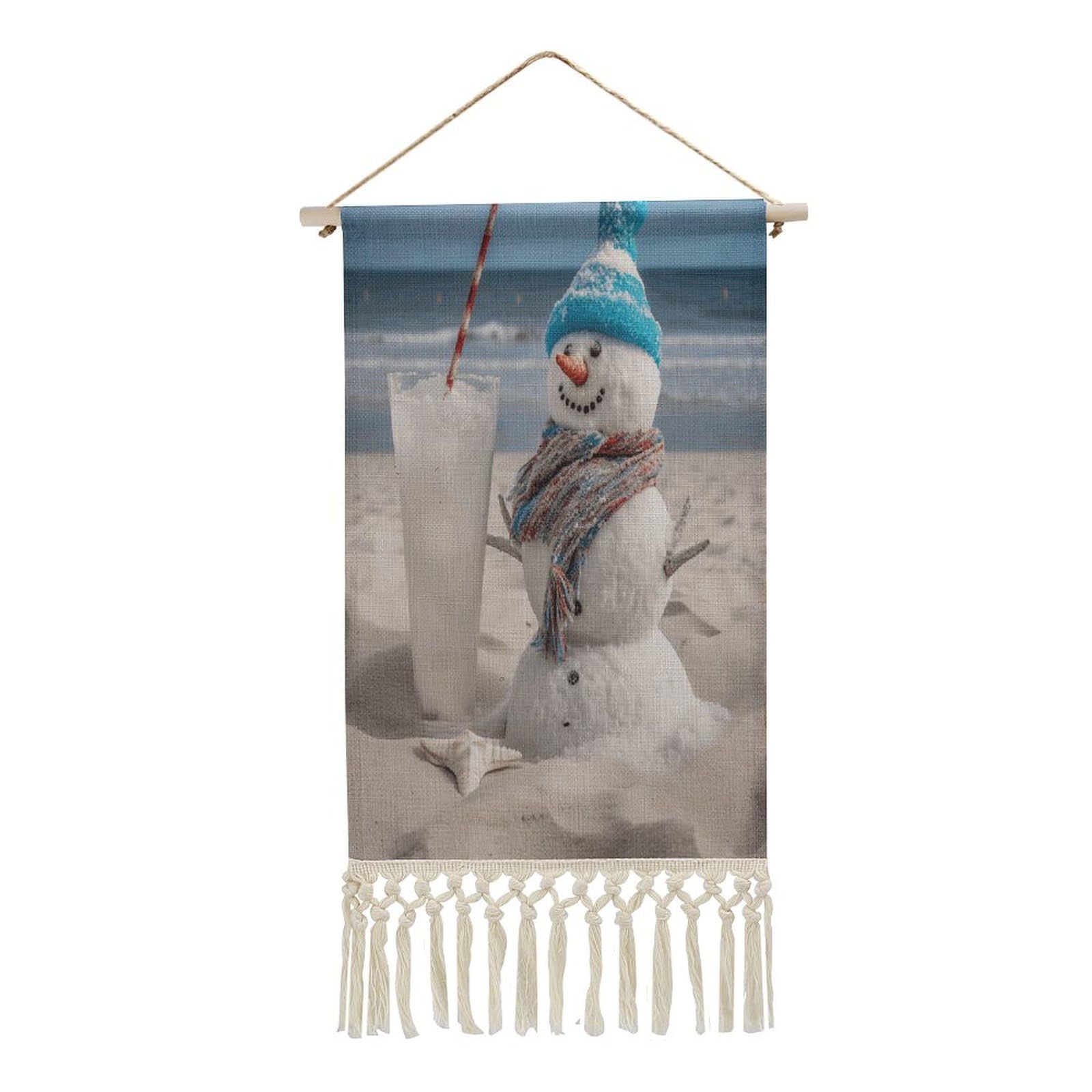 Adfgyerh Style Snowman Bech Tapestry With Tassels Cotton And Linen Hanging Posters, Wall Art For Travel Gift, Wall Tapestry For Office Home Decor Bedroom Living Room Decor