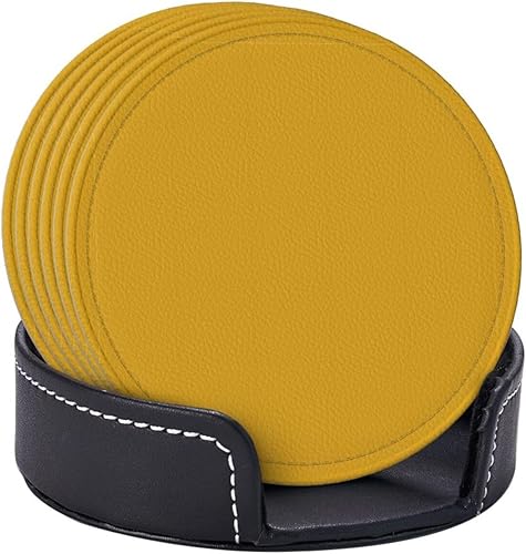Miniatura 6 de Drink Coasters Set of 6, Mustard Yellow Printed PU Leather Round Coaster with Holder for Outdoor, Office, Bar, Funny Heat-Resistant Home Desk Decor