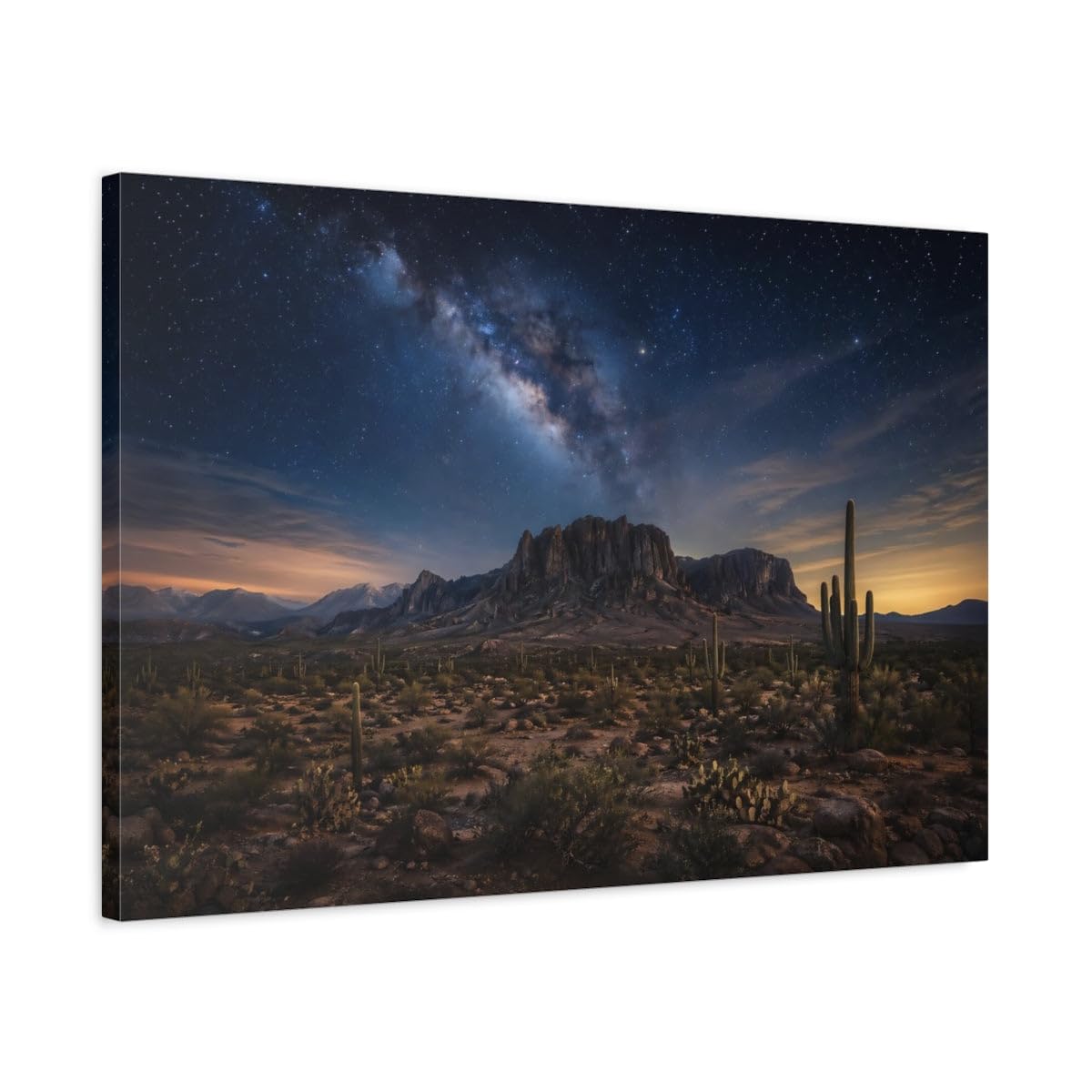Nature Milky Way Blue Desert Sky Canvas Wall Art Print – Realistic Living Room, Above Sofa 24×16 inch (60×40 cm) - Horizontal / 1.25 inch (3 cm)