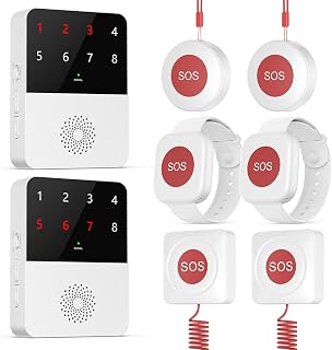 Wireless Caregiver Pager Call Button System for Elderly,Number 1-8 Display Receiver No Monthly Fees, Emergency Panic Alert for Elderly, Patients at Home, Nursing Care (White 2+2+2+2)