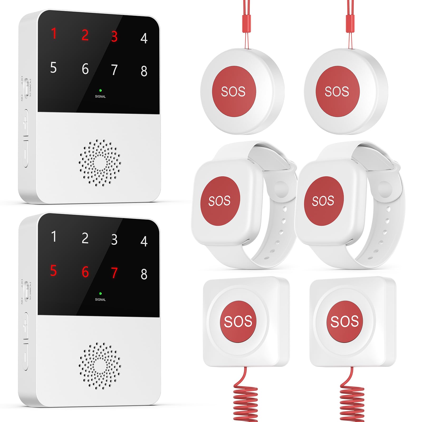 FUMIXTEX Wireless Caregiver Pager Call Button System for Elderly,Number 1-8 Display Receiver No Monthly Fees, Emergency Panic Alert for Elderly, Patients at Home, Nursing Care (White 2+2+2+2)