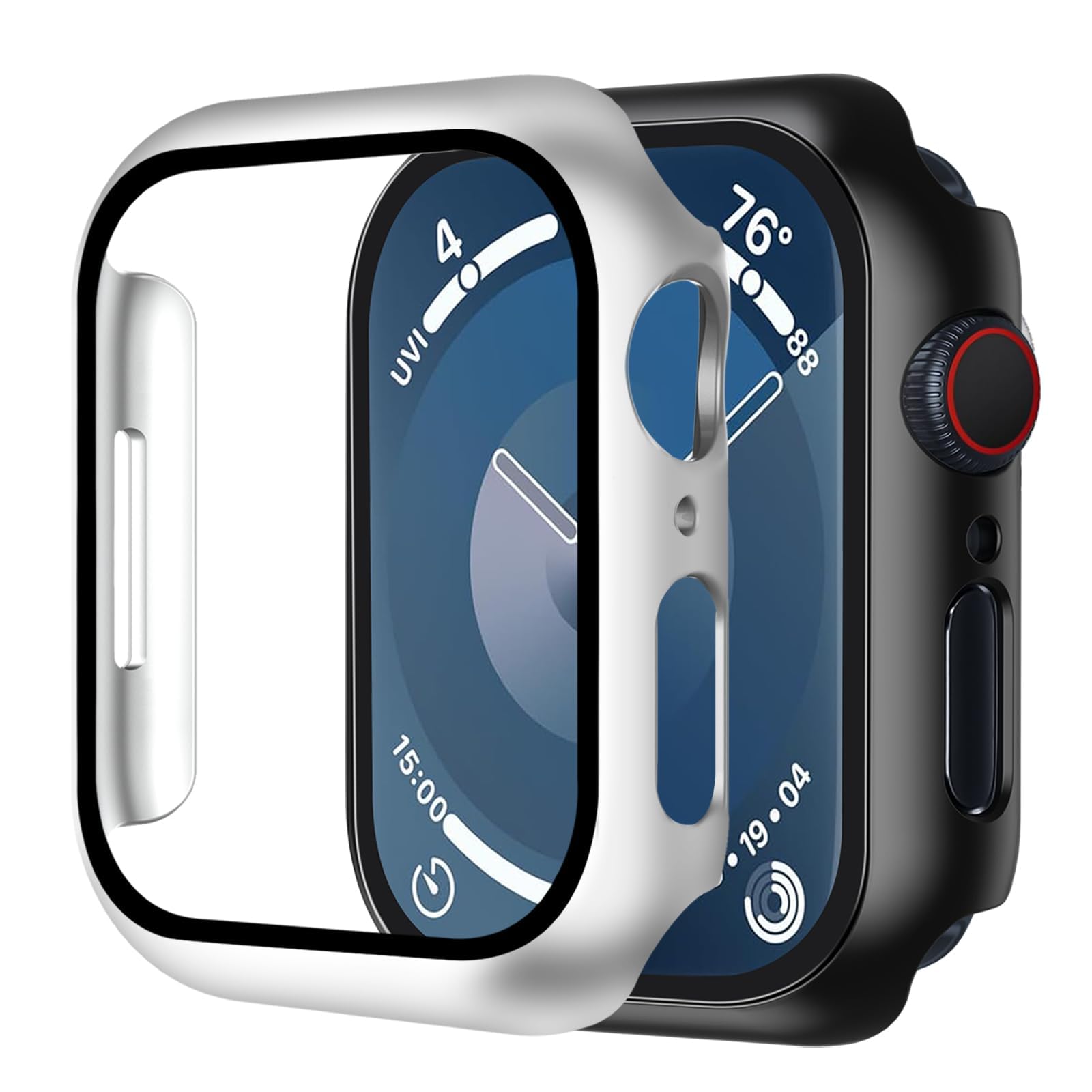 Smiling 2 Pack Case Compatible with Apple Watch Series 9/8/7 45mm with Tempered Glass Screen Protector, Hard PC Case Overall Protective Cover- 1 Black + 1 Silver