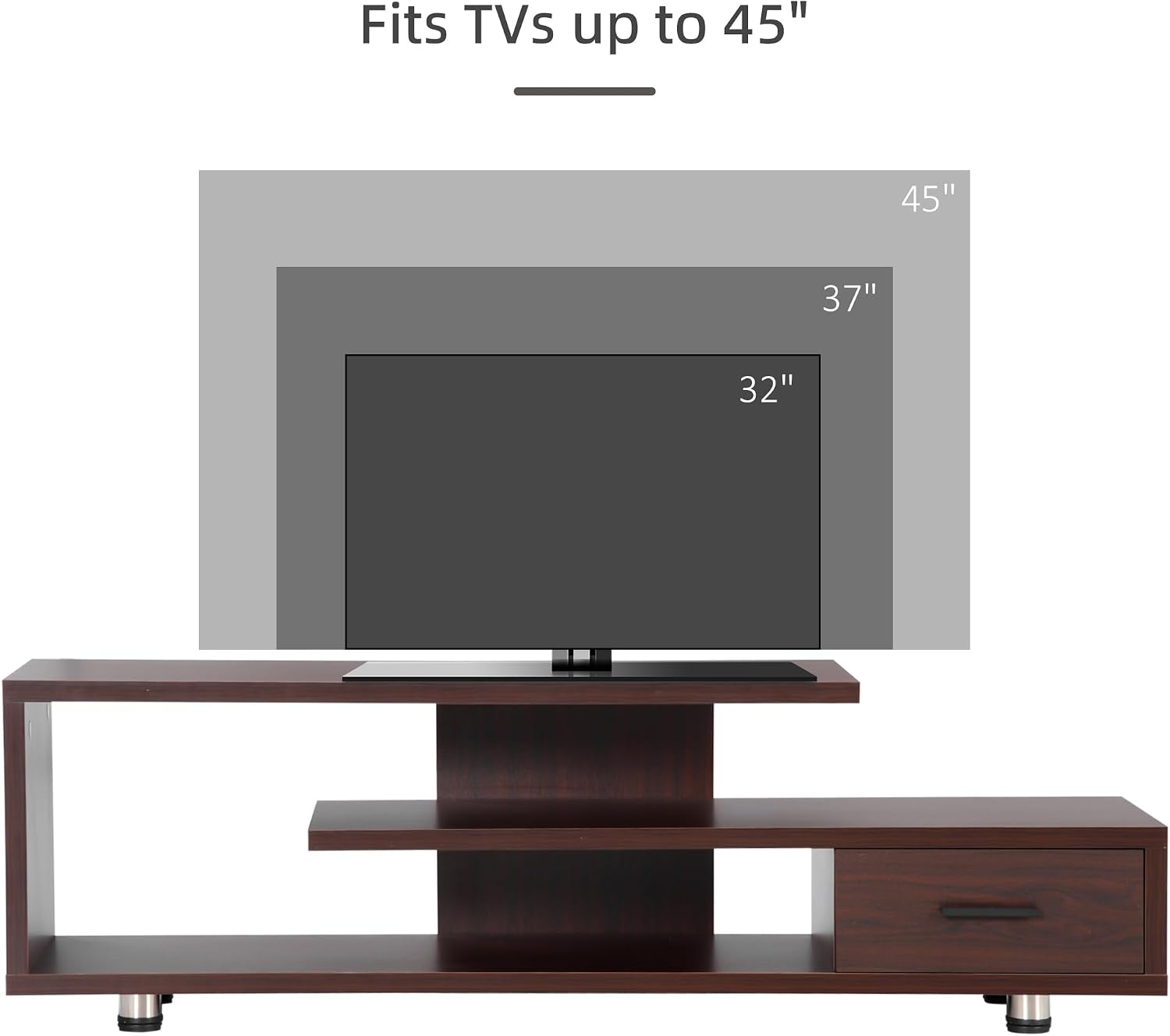 Close-up image of the adjustable foot pads at the base of the TV stand.
