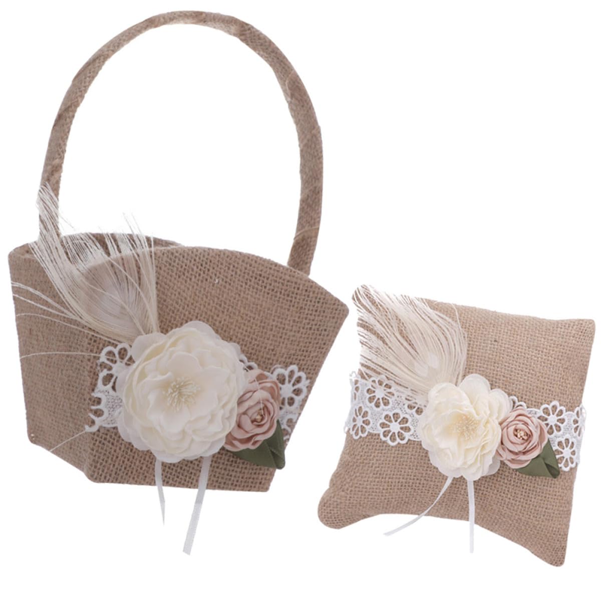Artibetter Panier de Demoiselle D'honneur Rustique en Lin Ensemble de Mariage Coussin Annulaire et Décoré de Fleurs Artificielles pour Cérémonie de Fiançailles