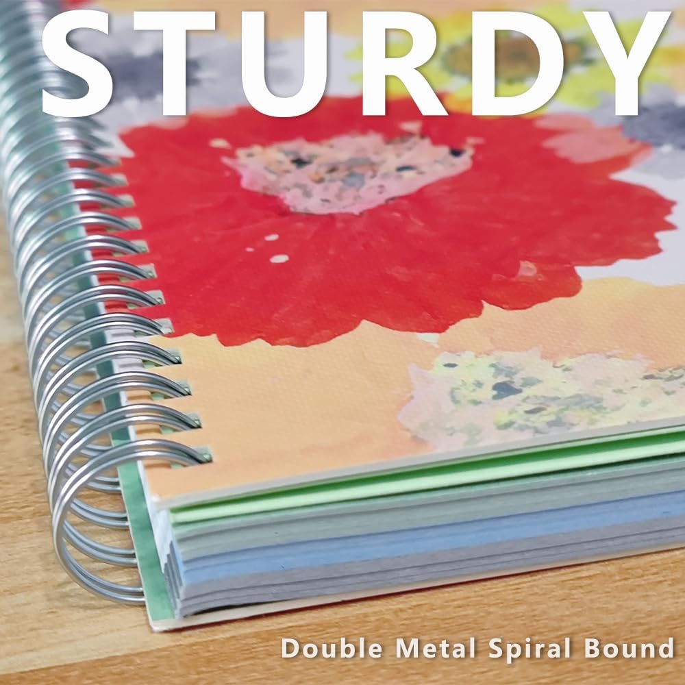 Large Spiral Notebook College Ruled 11" x 9.5" with Two Pockets, Elastic Band, Durable Hardcover, 3-color Paper and 160 Lined Pages (Orange Floral) - Image 4