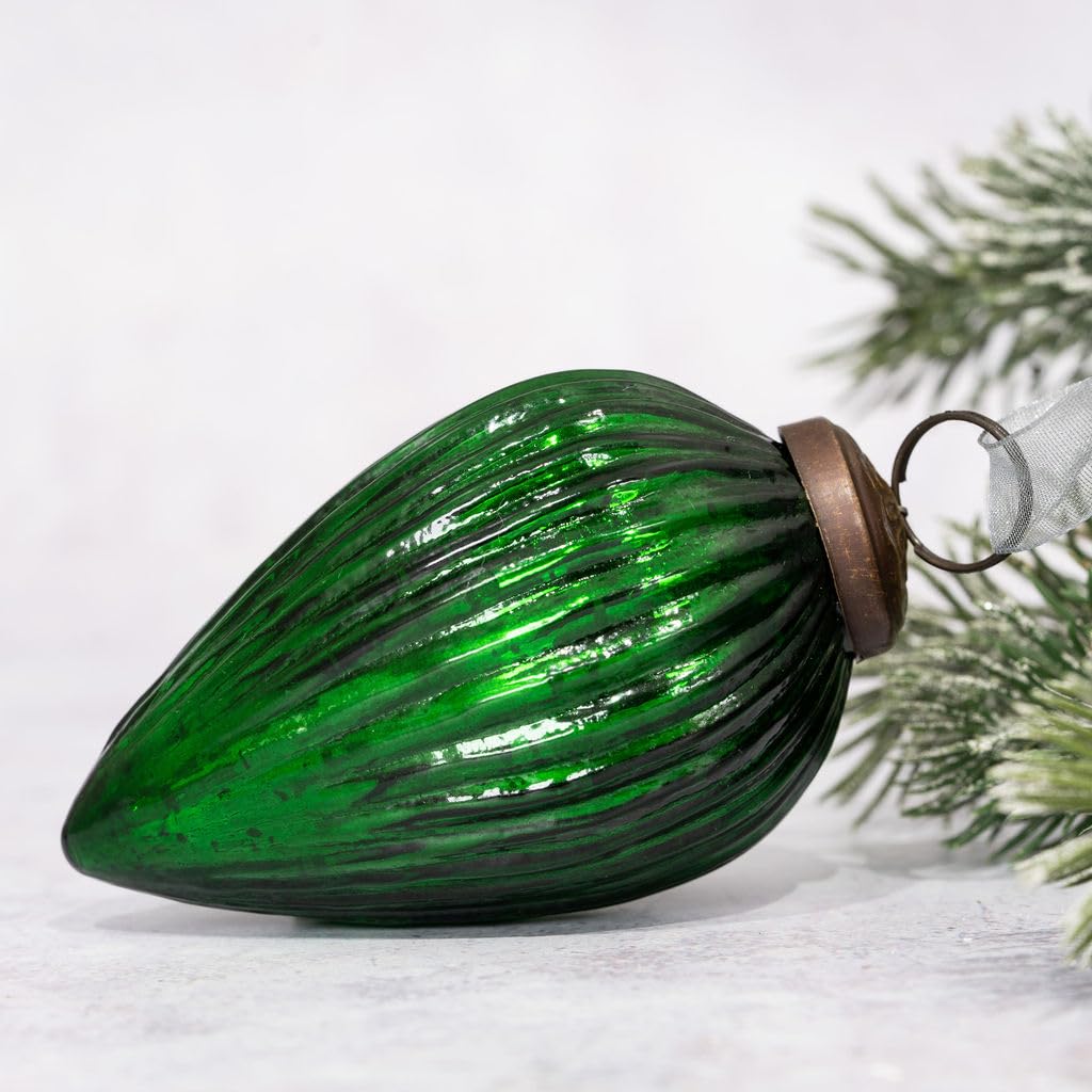 Arthur Cameron – 3" Extra Large Ribbed Crackle Glass Pinecone – Hand-Blown Glass Christmas Tree Decoration & Elegant Christmas Bauble for Winter Displays (Emerald)