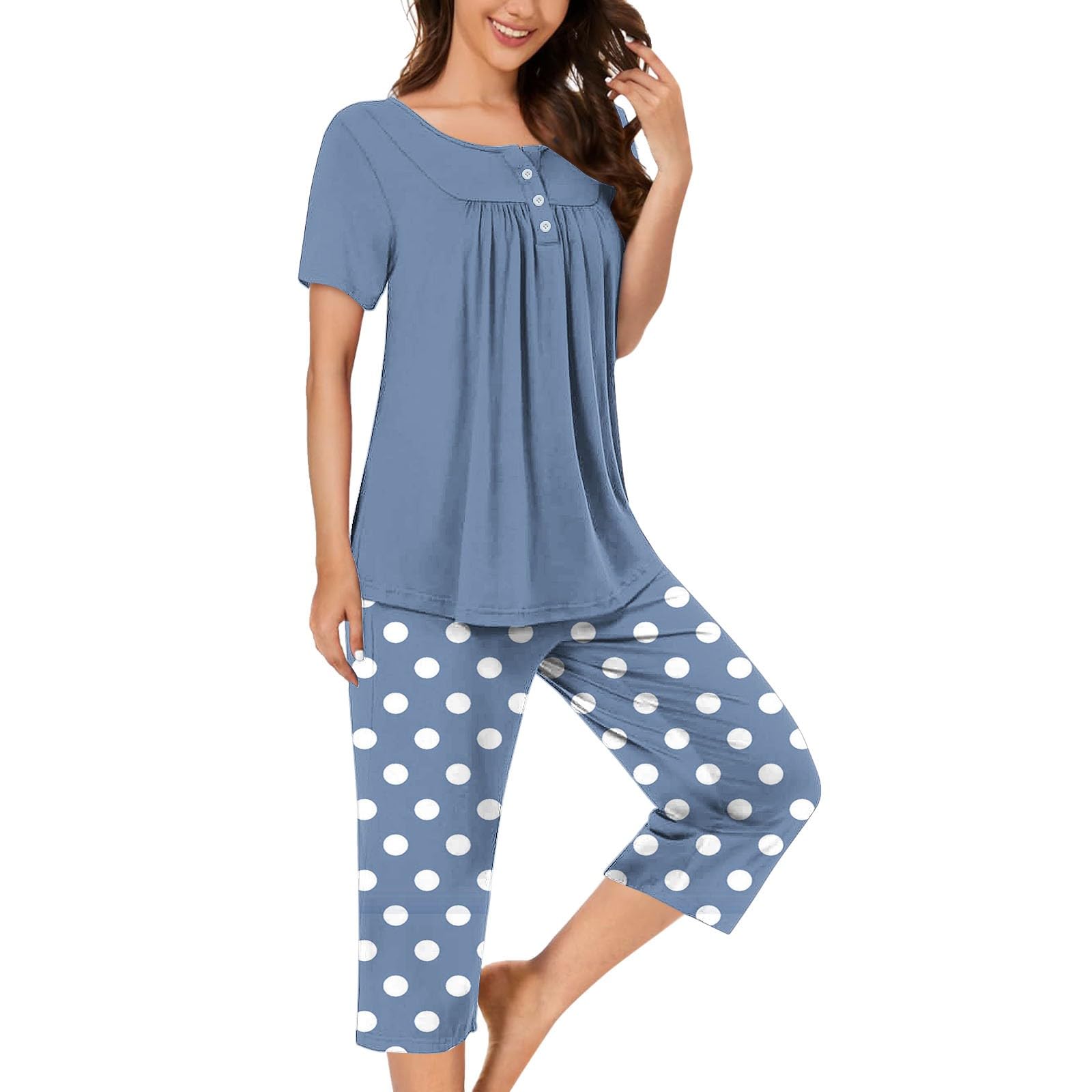 Pyjama élégant pour femme - Ensemble de pyjama long à pois | Ensemble de pyjama plissé 2 pièces avec poches, manches courtes, col rond, boutons et pantalon de jambe 7/8