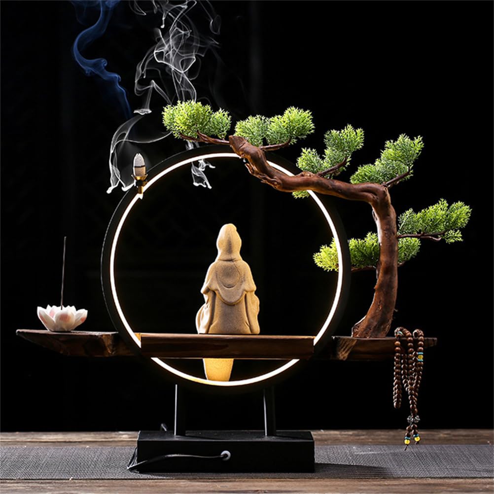 Buddha-Statue mit dekorativem Bonsai-Baum und LED-Kreislampe, Keramikfigur für Innenbereich, Heimbüro, spirituelles Kunststück für Meditation und Entspannung