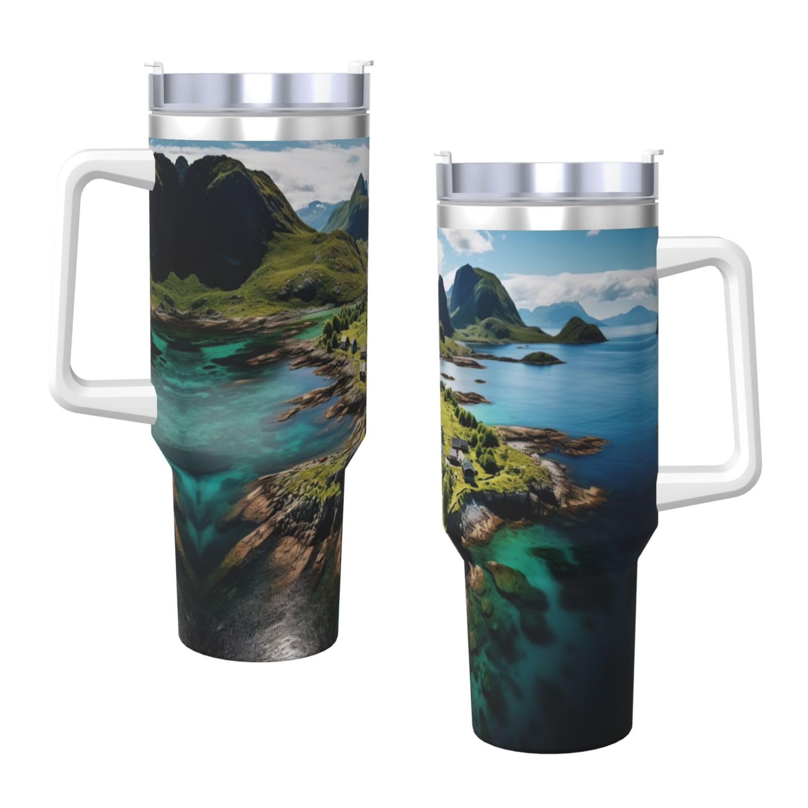 Norway Islands Ice Bully Doppelwandige isolierte Wasserflasche mit Griff und Strohhalm-Deckel, 1,2 l