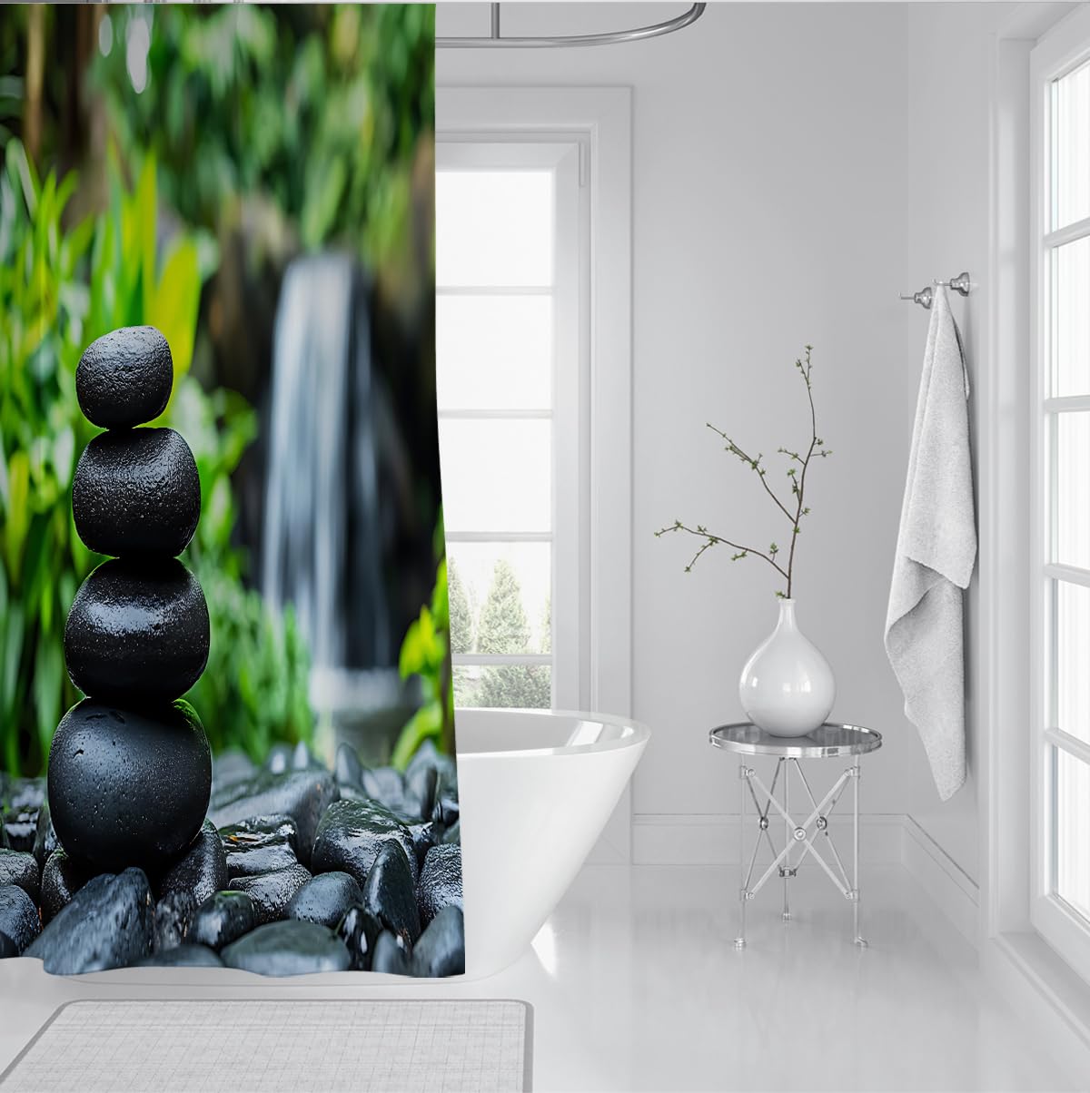 Serene Forest Garden Badevorhang Balanced Stones and Cascading Stream Duschvorhang Moderner minimalistischer Badezimmer-Easy Care Stoff 180 x 180 cm