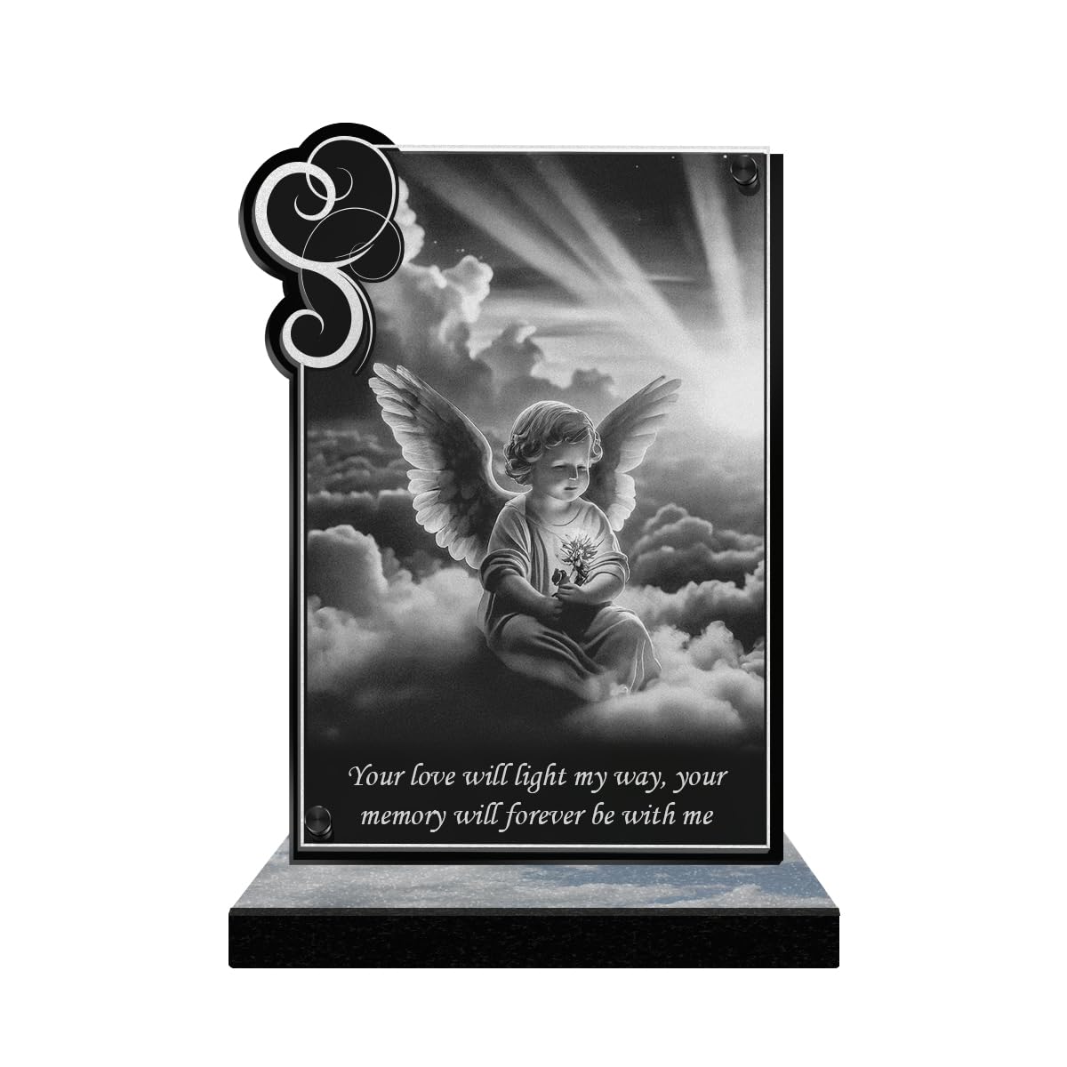 ETERNEL - Personalized Funeral Plaque Frame Ornaments - Cherub, Angel, Angel Wings - Customizable text, laser-engraved funeral plaque for tribute, cemetery plaque, burial, ceremony