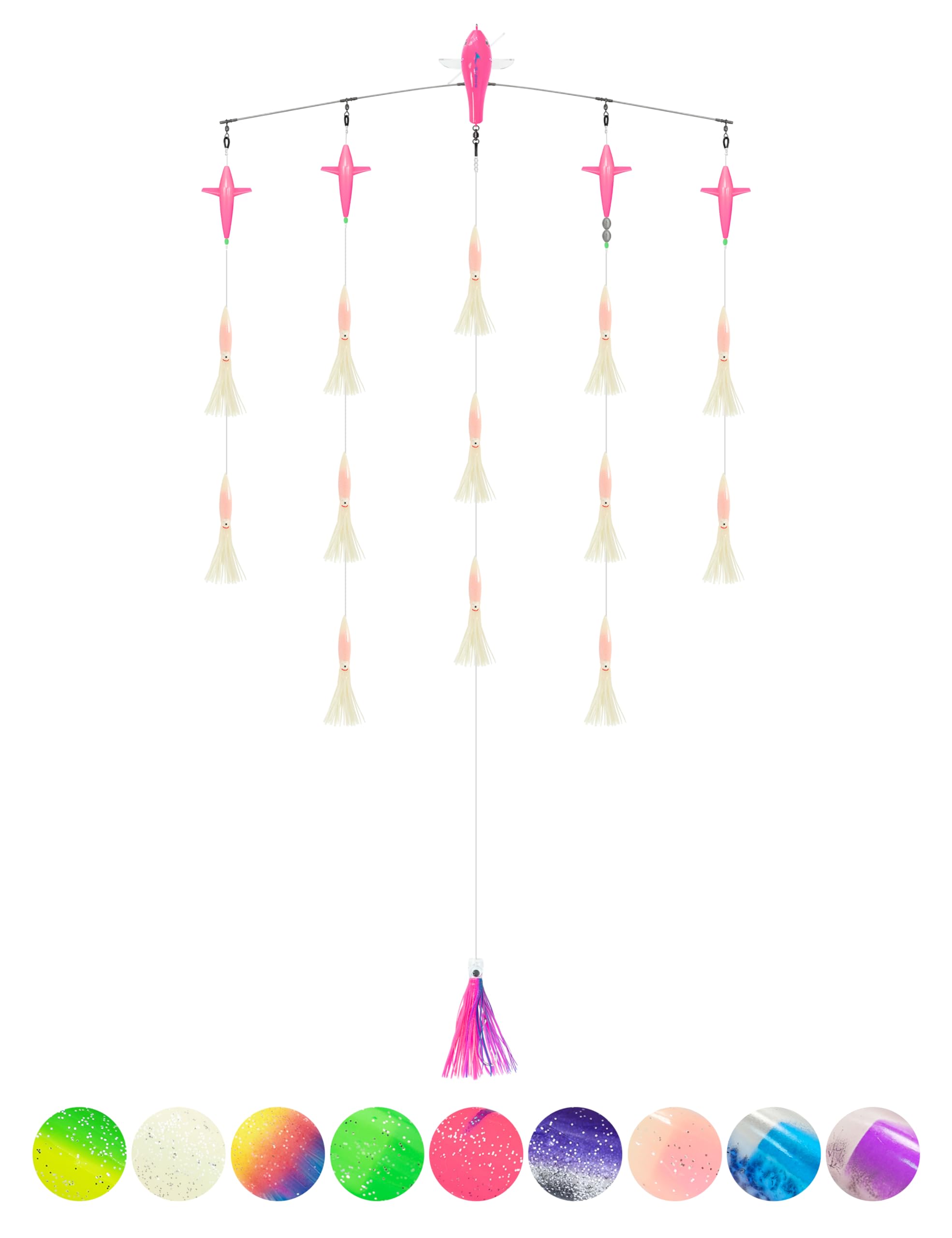 BLUEWING 36in Upgraded Fishing Spreader Bar Starboard Canyon with 9in Floating Squids, Trolling Birds, Big Game Trolling Lure and 316 Stainless Steel Rod for Wahoo Tuna Marlin Mahi Mahi, Pink/Glow