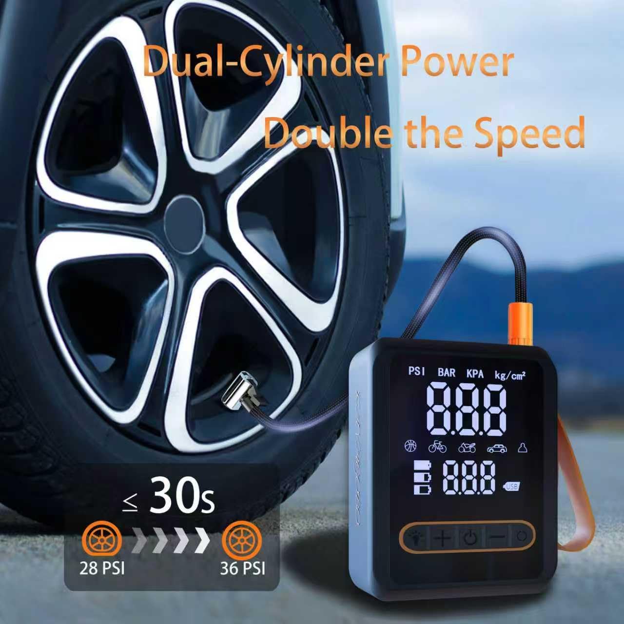 Tire Inflator Portable Air Compressor,Heavy-Duty Dual-Cylinder Dual-Power Car Air Pump with Digital Pressure Gauge,LED Light and Auto-Shutoff Function,Compatible with Car,Motorcycle,Bicycle and Ball