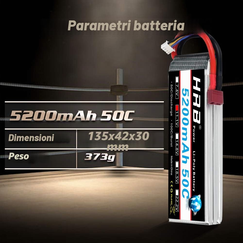 HRB 2PCS 3S 11.1V 5200mAh 50C Batteria Lipo per RC Drone Helicopter Airplane Quadcopter Car Truck (Dean T Plug Style)