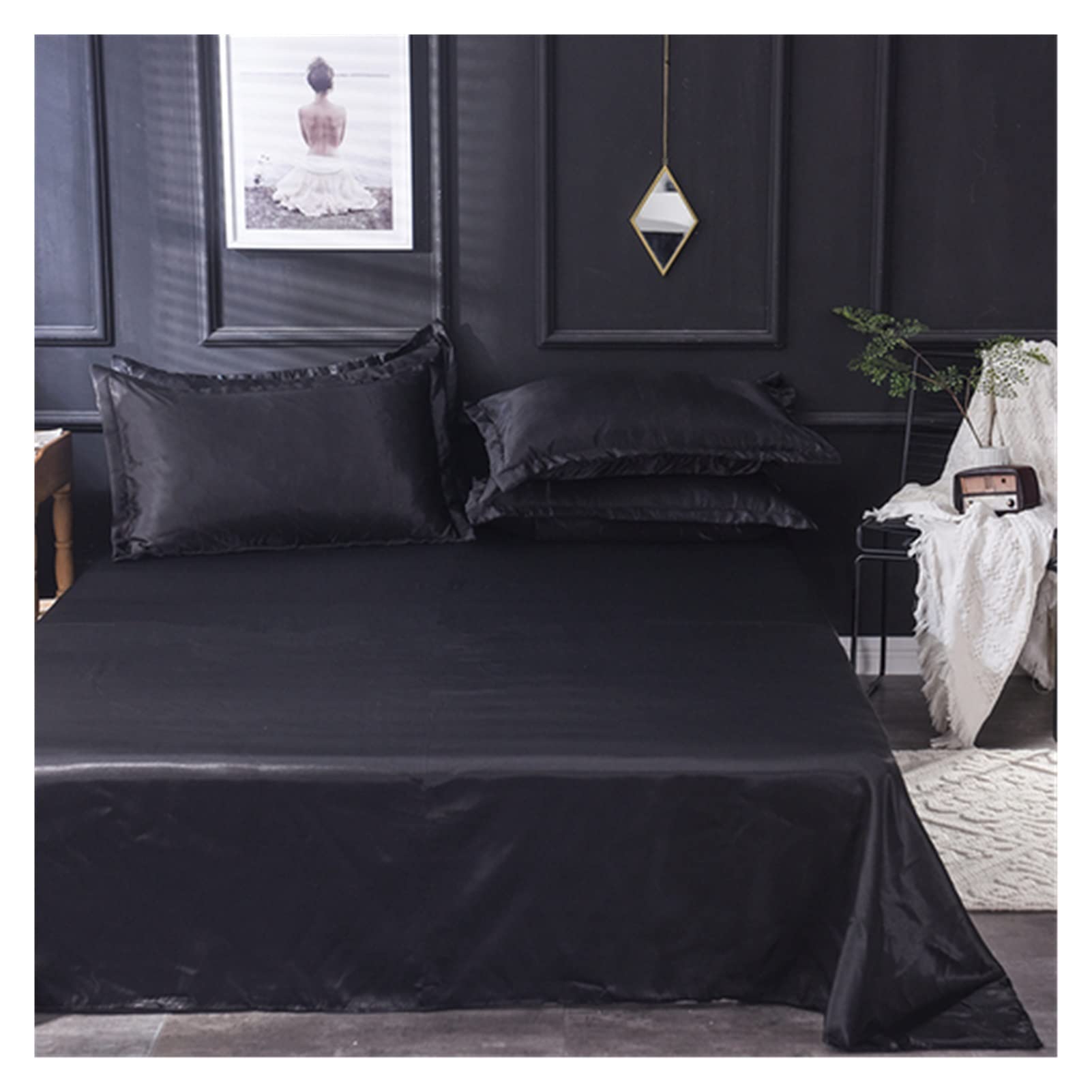 Silk Bed Sheets Flat Sheet Solid Color Ice Silk Satin Fabric Bedding Queen King Size Luxury Bed Sheet Bedclothes Bed Sheets and Pillowcases(Black,48x74 2pc pillowcase)