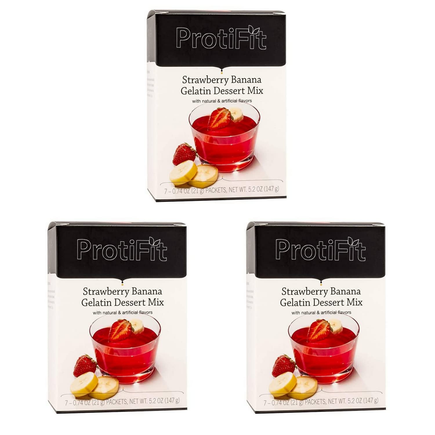 PROTIFIT - High Protein Strawberry Banana Gelatin 3 Pack, 15g Protein, Low Calorie, Low Carb, Fat Free, Sugar Free, Ideal Protein Compatible, 7 Servings Per Box, (3 Pack)