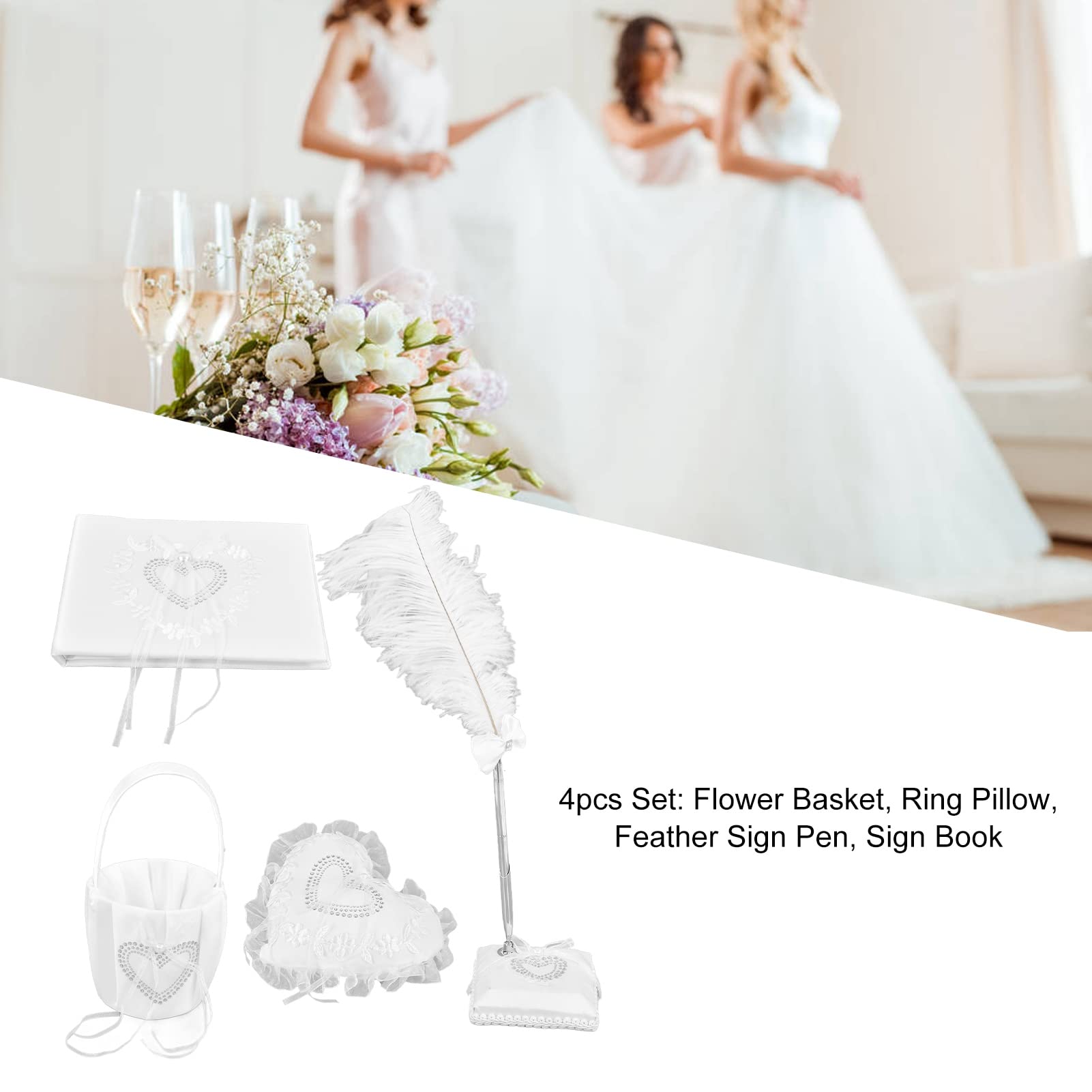 Fdit Weißes Hochzeitskissen Set für Ringe, Indoor Outdoor Nutzung | Vierteiliges Set mit Blumenkorb, Gästebuch, Federzeichenstift, aus strapazierfähigem Stoff, ideal für romantische Anlässe