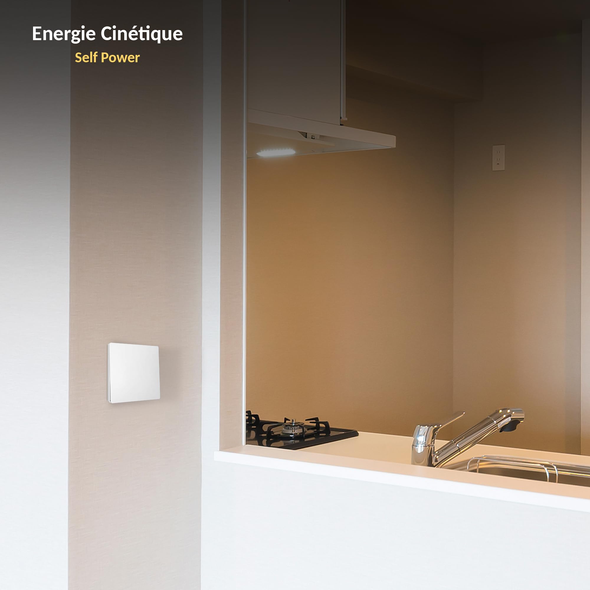 Kit interruptor de control inalámbrico ni batería con adaptador de enchufe E27 conectado, funciona con energía cinética, mando a distancia ON/OFF para lámpara bombilla LED, alcance 50 m, color blanco