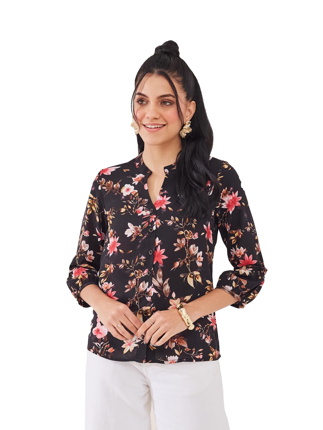 latin quarters Women's Black Printed 3/4th Sleeve Mandarin Neck Casual Shirt-picture-33