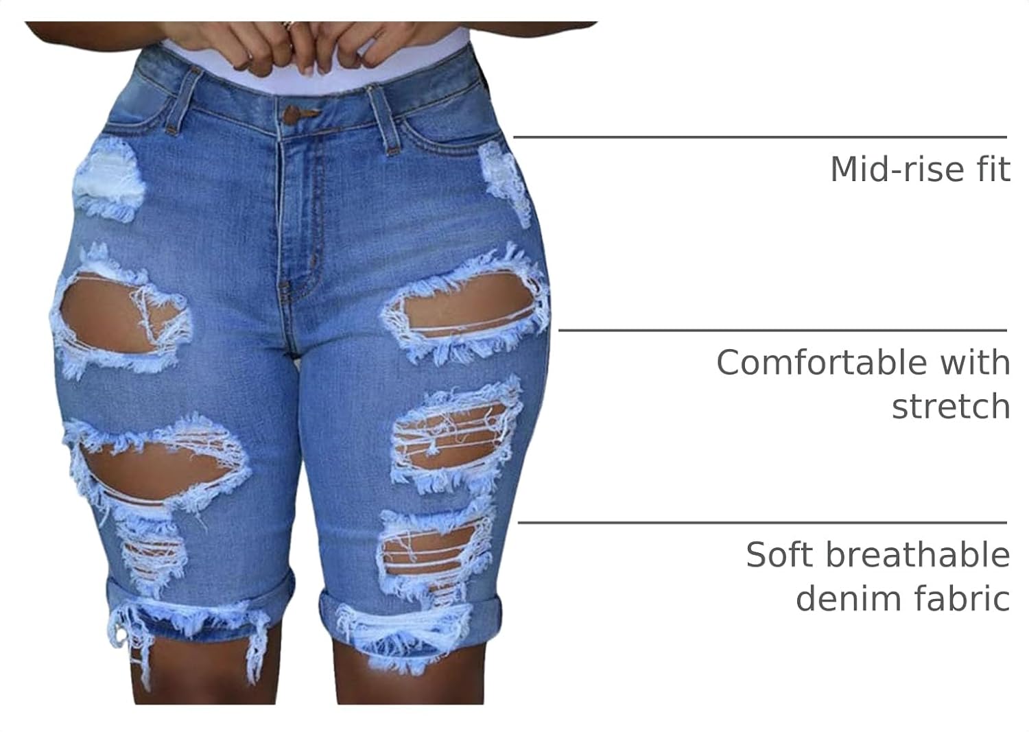 roswear Women's Ripped Denim Destroyed Mid Rise Stretchy Bermuda Shorts Jeans image 4