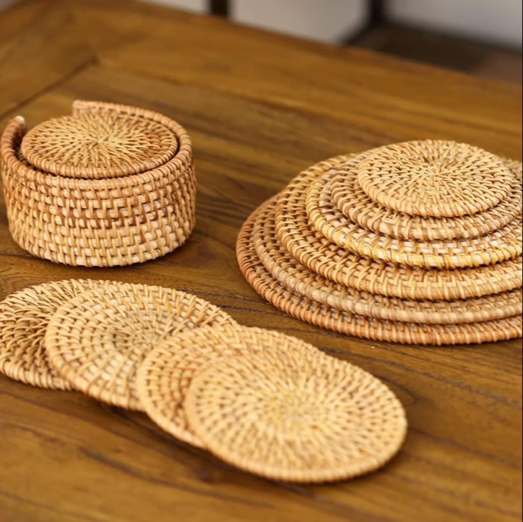 HBJWOV 6 Pieces Hand-Woven Rattan Coasters Tea Mats Zisha Pot Mats Heat Insulation Mat Set(20cm)