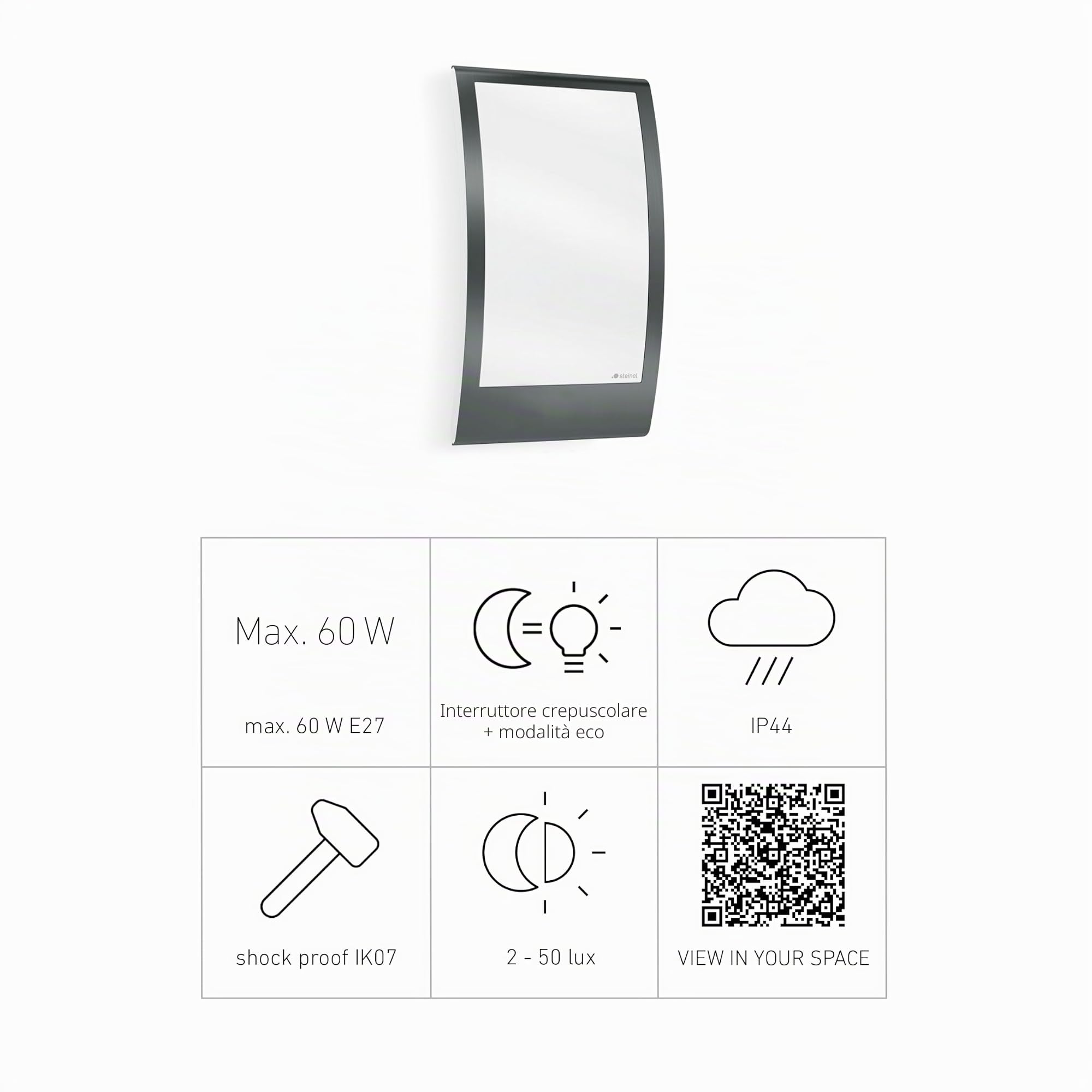 Steinel 065782, Lampada da esterni L 22 N antracite, con sensore crepuscolare, resistente agli urti, applique con presa E27, max. 60 W, IP44