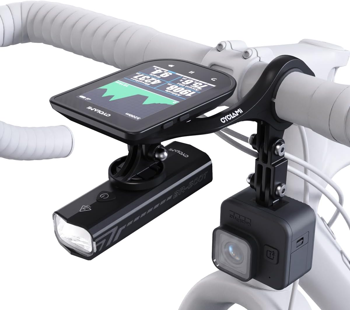 CYCLAMI M6 mount with a bike computer, a bike light, and a GoPro camera attached simultaneously.