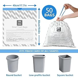 XUXRUS 2.6 Gallon Trash Bags with Drawstring, 50 Count Printed Small Garbage Bags, Tear-Resistant & Leak-Proof Bin Liners, Odor Control, Safety Warning for Bathroom, Office
