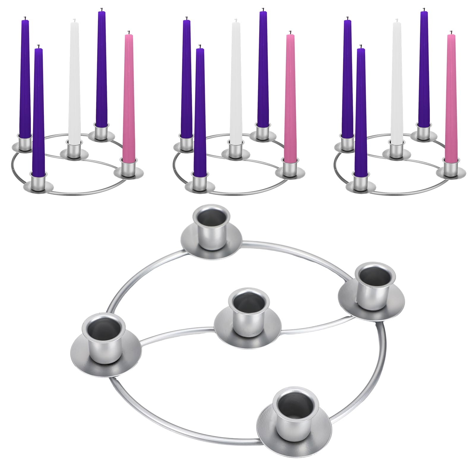 LemonRoad Adventskranzring mit 5 Kerzenhaltern, silberfarben, runde Form, Adventsring, Kerzenhalter, Metall, Tischdekoration für Weihnachten, Festival, Heimdekoration, 4 Stück