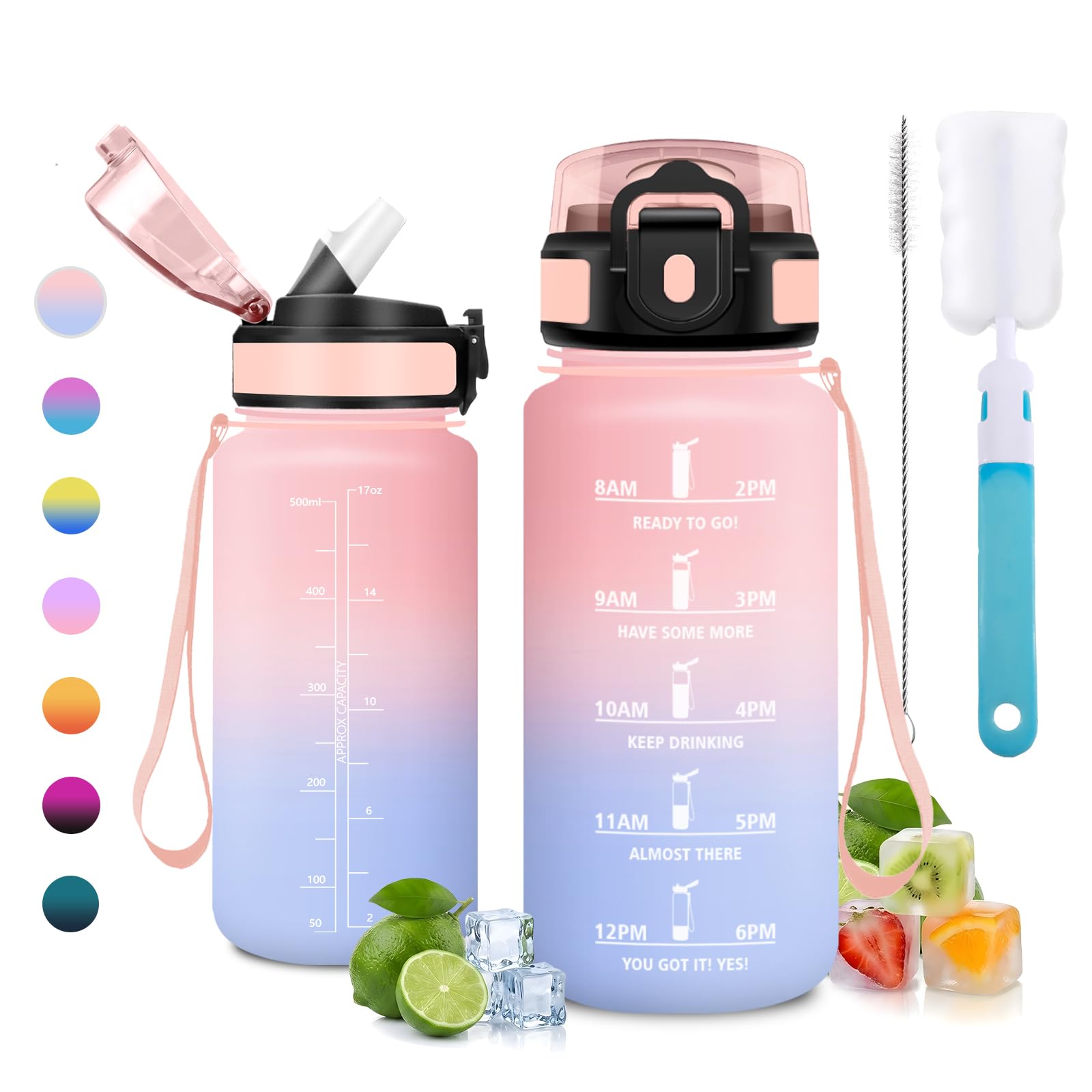 JAPORIA 500ml Water Bottle, Reusable Water Bottle with Straw, BPA Free, Leak Proof, Water Bottles with Time Markers for School, Hiking, Yoga