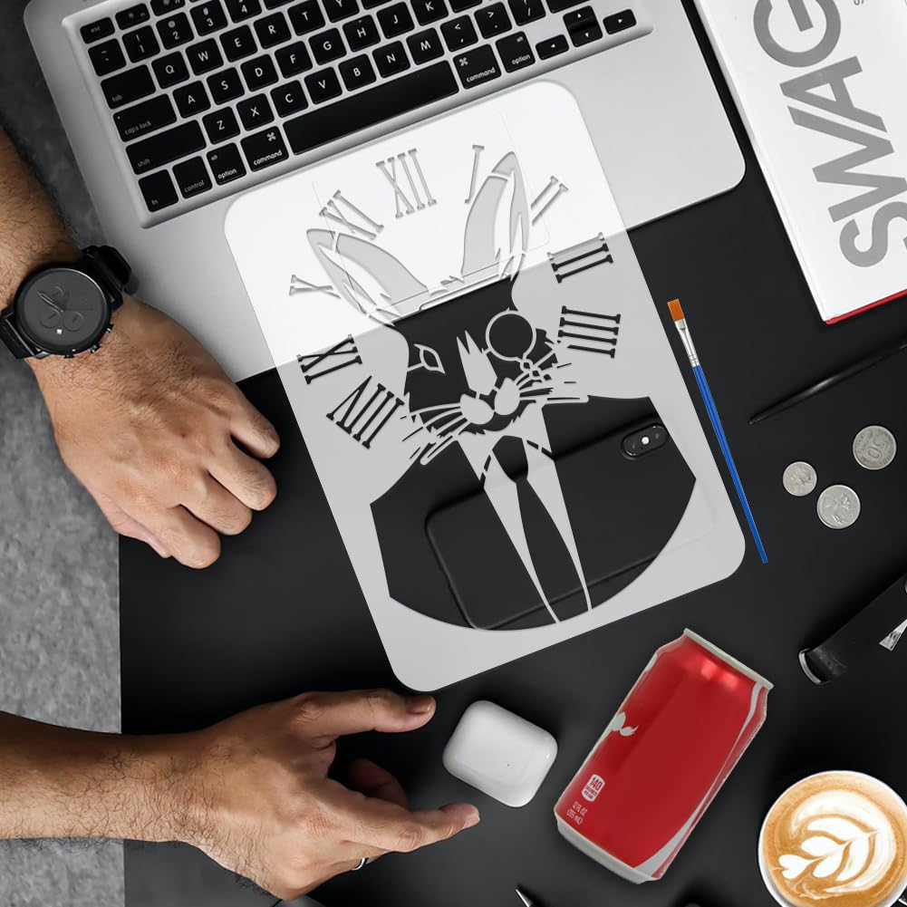 FINGERINSPIRE 6 PCS Retro Mechanical Animals Painting Stencil with a Art Paint Brush 8.3x11.7inch Reusable Rabbit Cat Owl Leopard Fox Lion Pattern Animals Theme Stencil for Painting on Wall Furniture 1