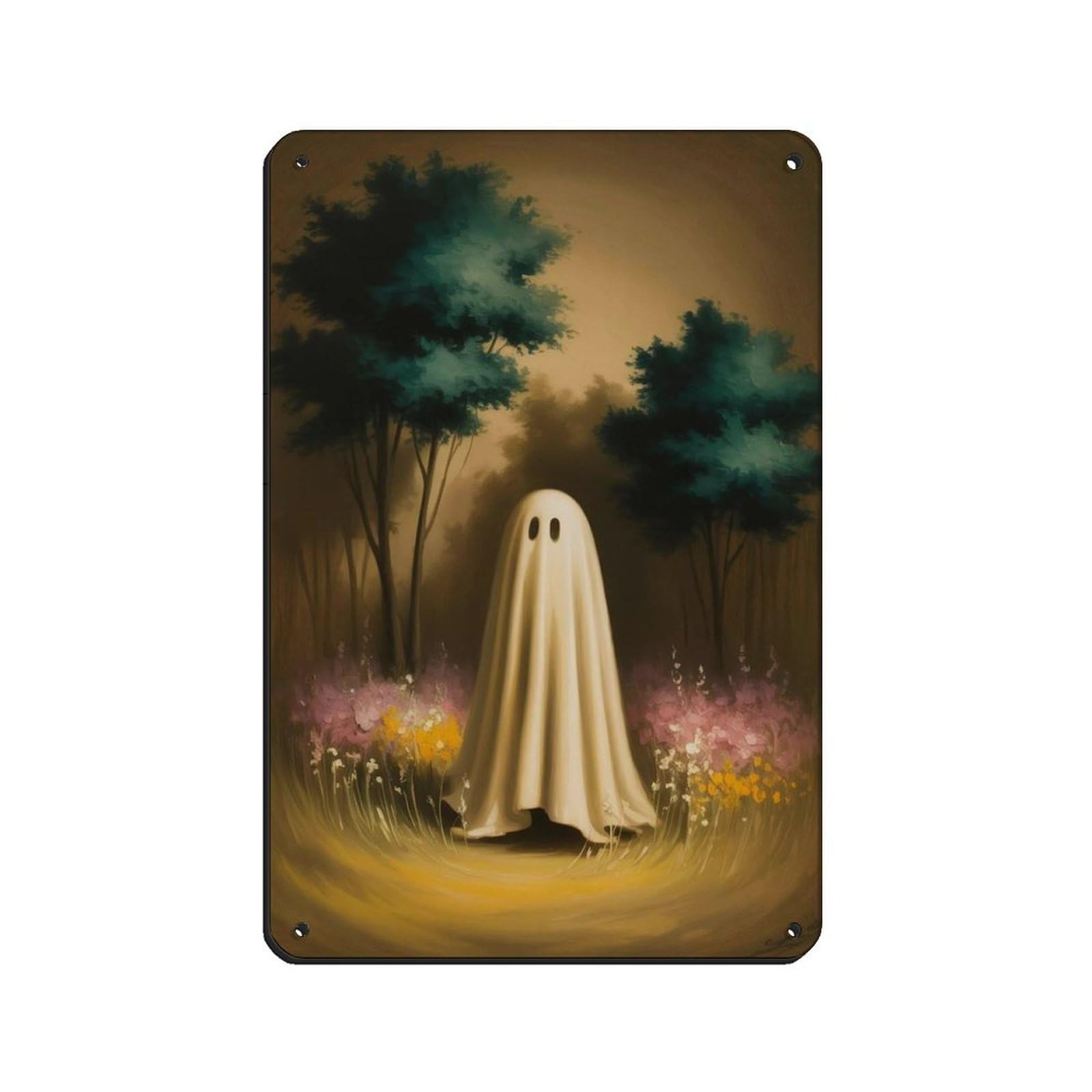 Ghost in The Flower Forest Poster, Spooky Art Retro Poster Metal Tin Sign Chic Art Retro Iron Painting Bar People Cave Cafe Family Garage Poster Wall Decoration 8x12inch(20x30cm)