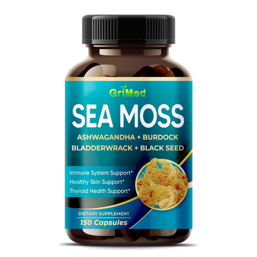 Premium Sea Moss with Ashwagandha, Burdock Bladderwrack, Black Seed for Immune System, Skin, Digestion & Energy- Made in The USA (150 Count (Pack of 1))