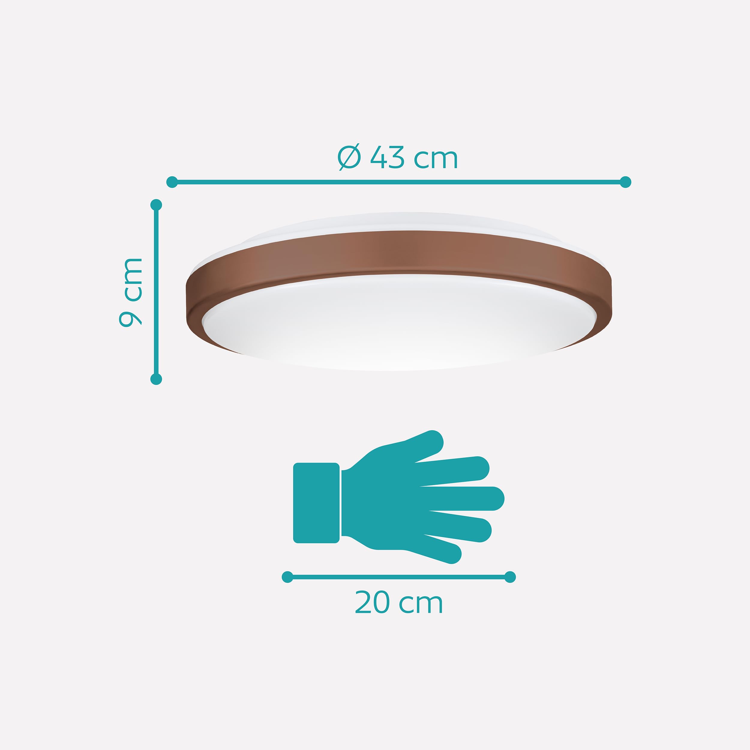 EGLO Lezuza Led-plafondlamp, ronde plafondlamp, slaapkamer, platte opbouwlamp, staal en kunststof in wit en bruin, warmwit, diameter 43 cm